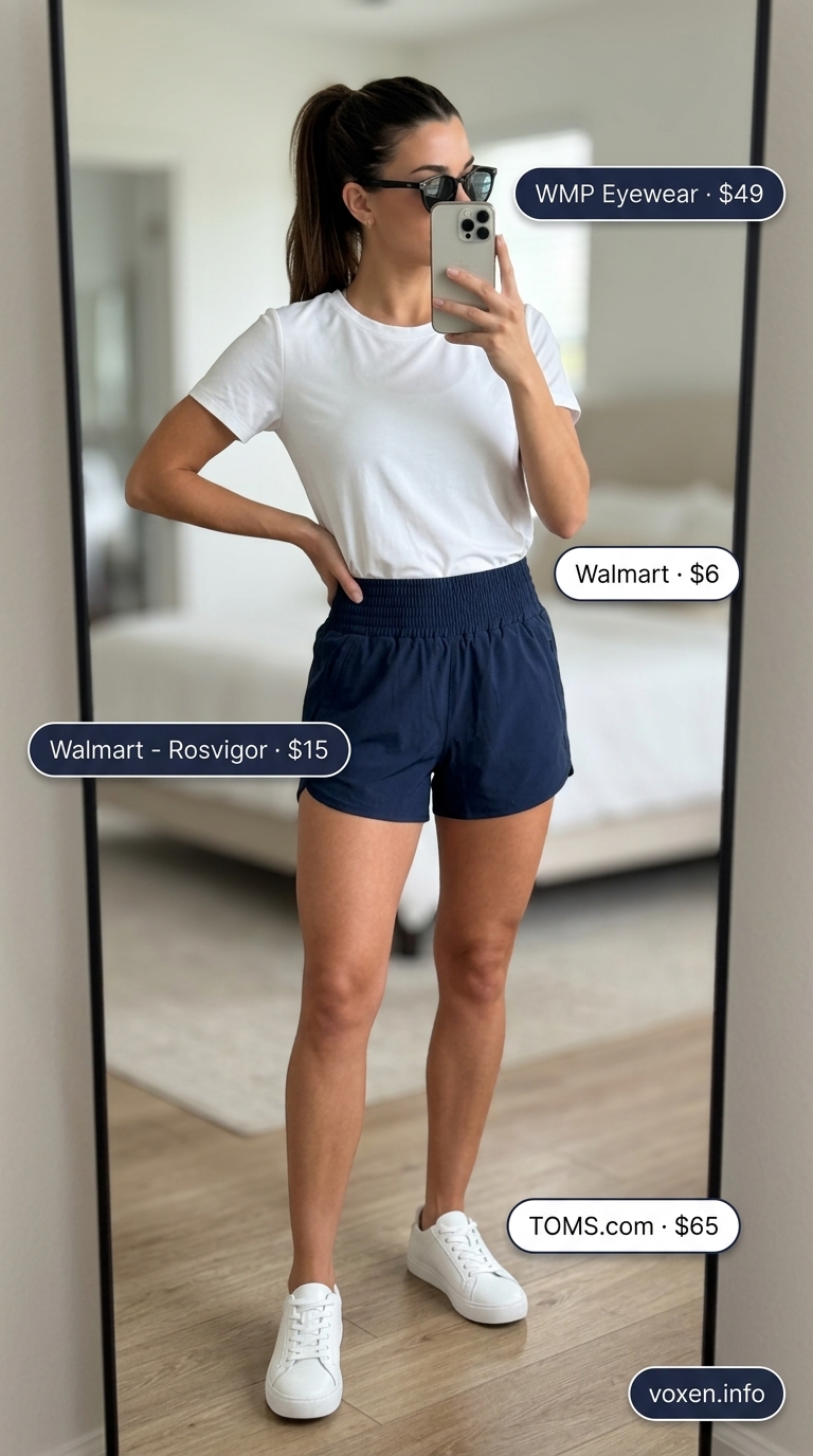 Comfy cotton summer outfits for women 2026: Sporty navy athletic shorts, white tee, and white sneakers for city exploration.