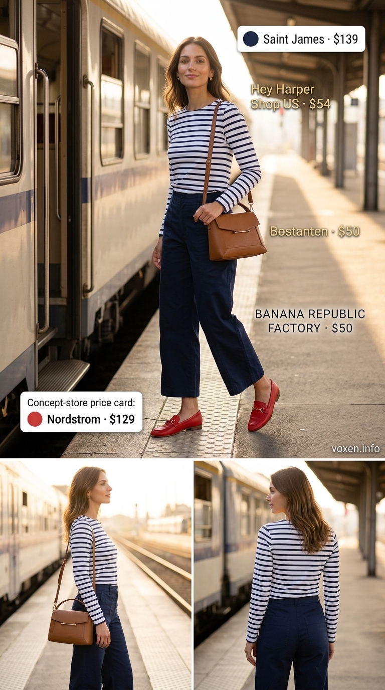 Comfy cotton summer outfits for women 2026: Preppy navy trousers, Breton stripe tee, and red loafers for travel.