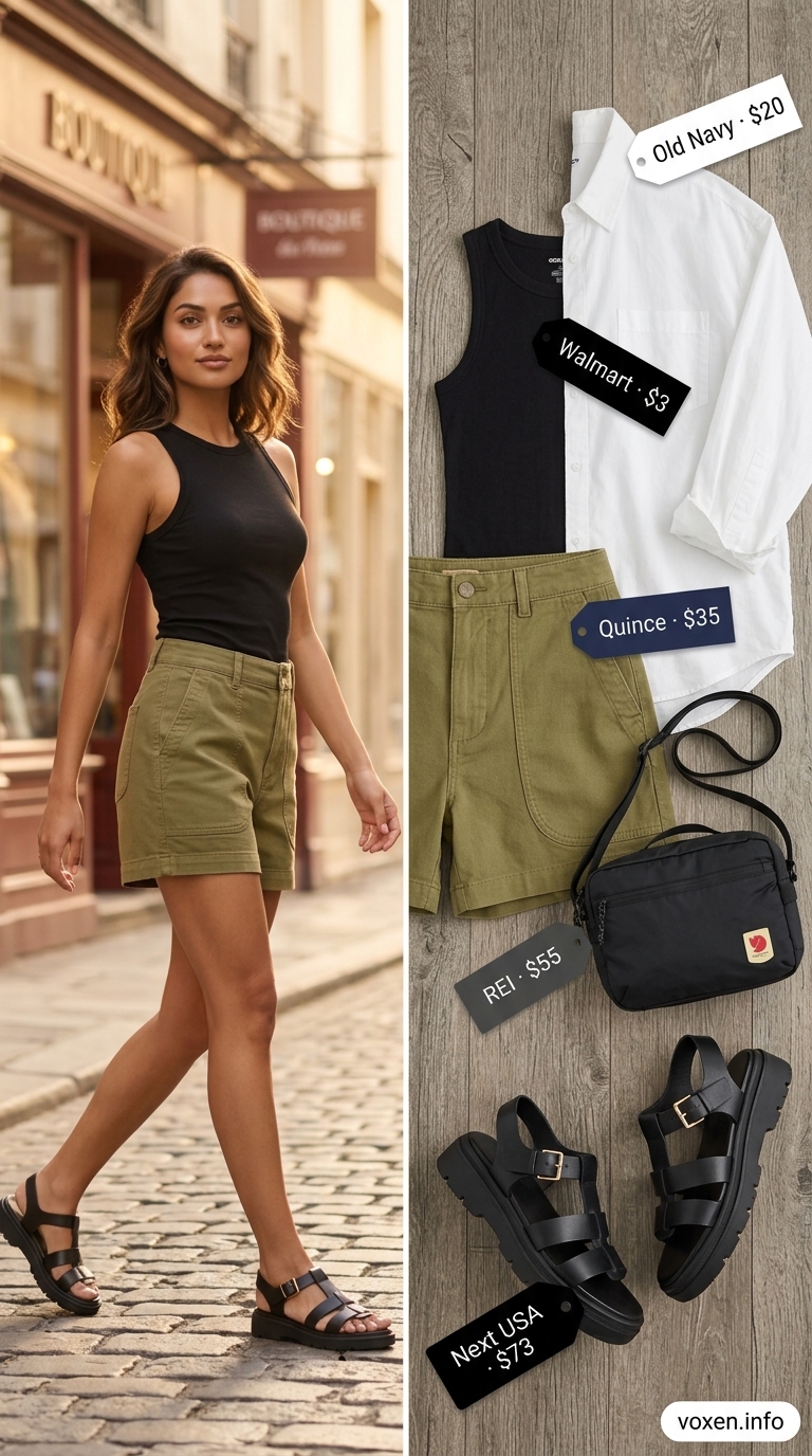 Comfy cotton summer outfits for women 2026: Urban olive utility shorts, white oversized shirt, and black sandals.
