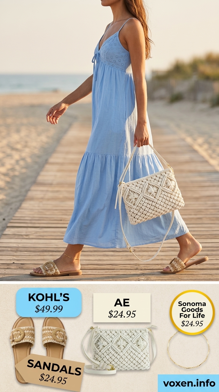 Comfy cotton summer outfits for women 2026: Sky blue maxi dress, raffia sandals, gold anklet, and canvas crossbody for beach vacation.