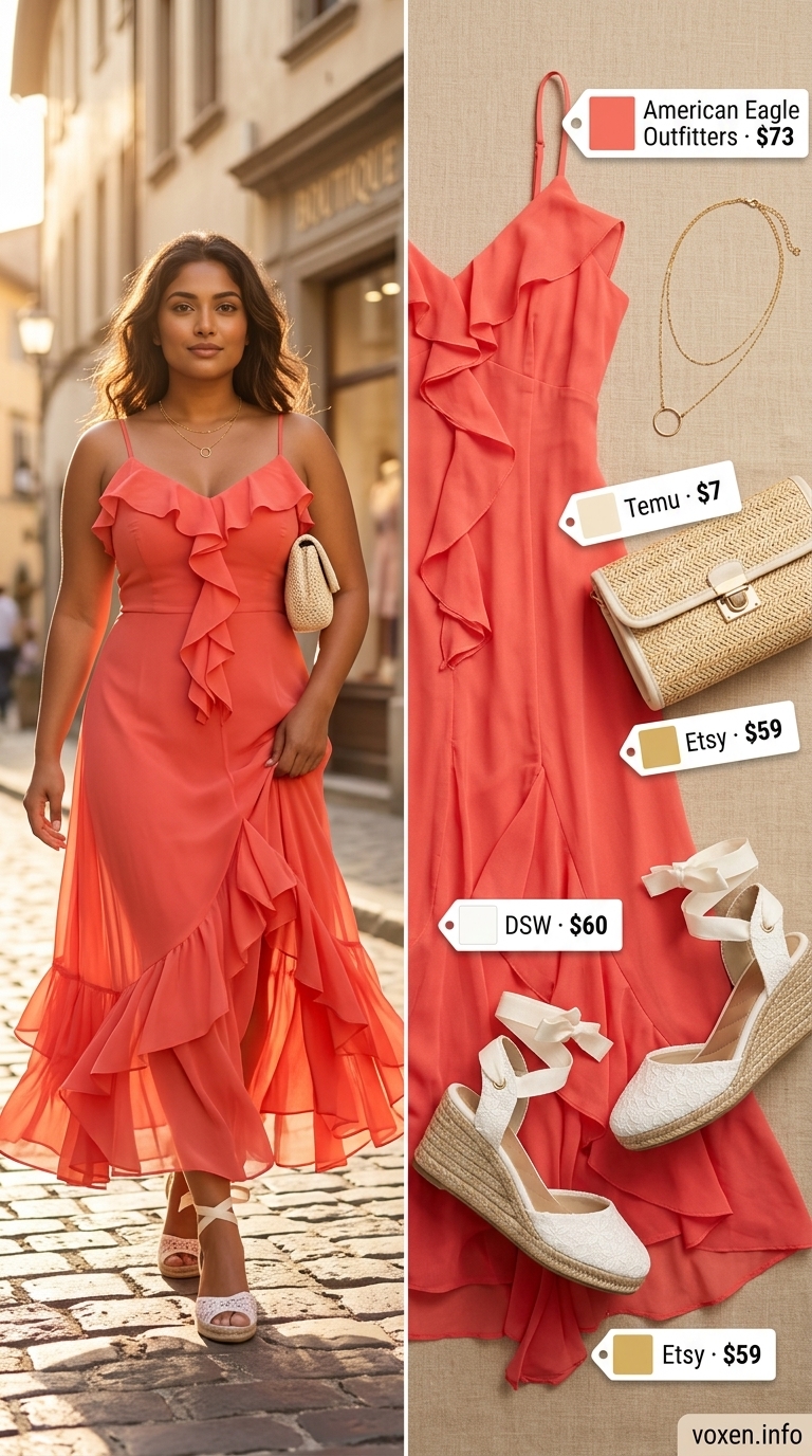 Comfy cotton summer outfits for women 2026: Coral maxi dress, wedge sandals, layered gold necklaces, and straw bag for brunch.