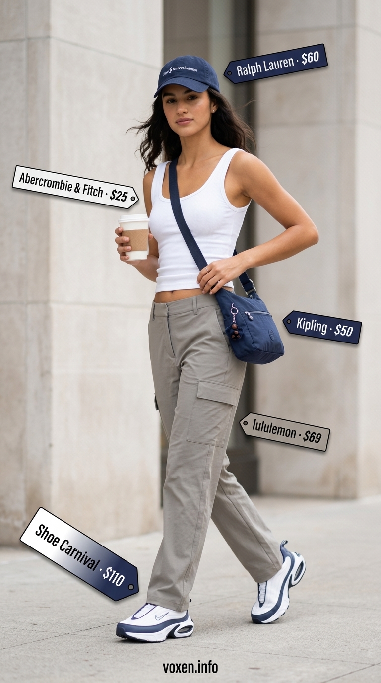 Comfy cotton summer outfits for women 2026: Stone grey cargo pants, white tank, retro sneakers for a casual coffee run.