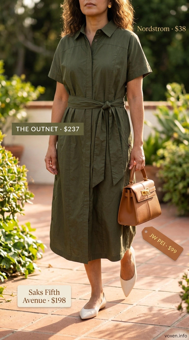 Comfy cotton summer outfits for women 2026: Olive green cotton shirtdress, cream ballet flats, tan bag for gallery opening.