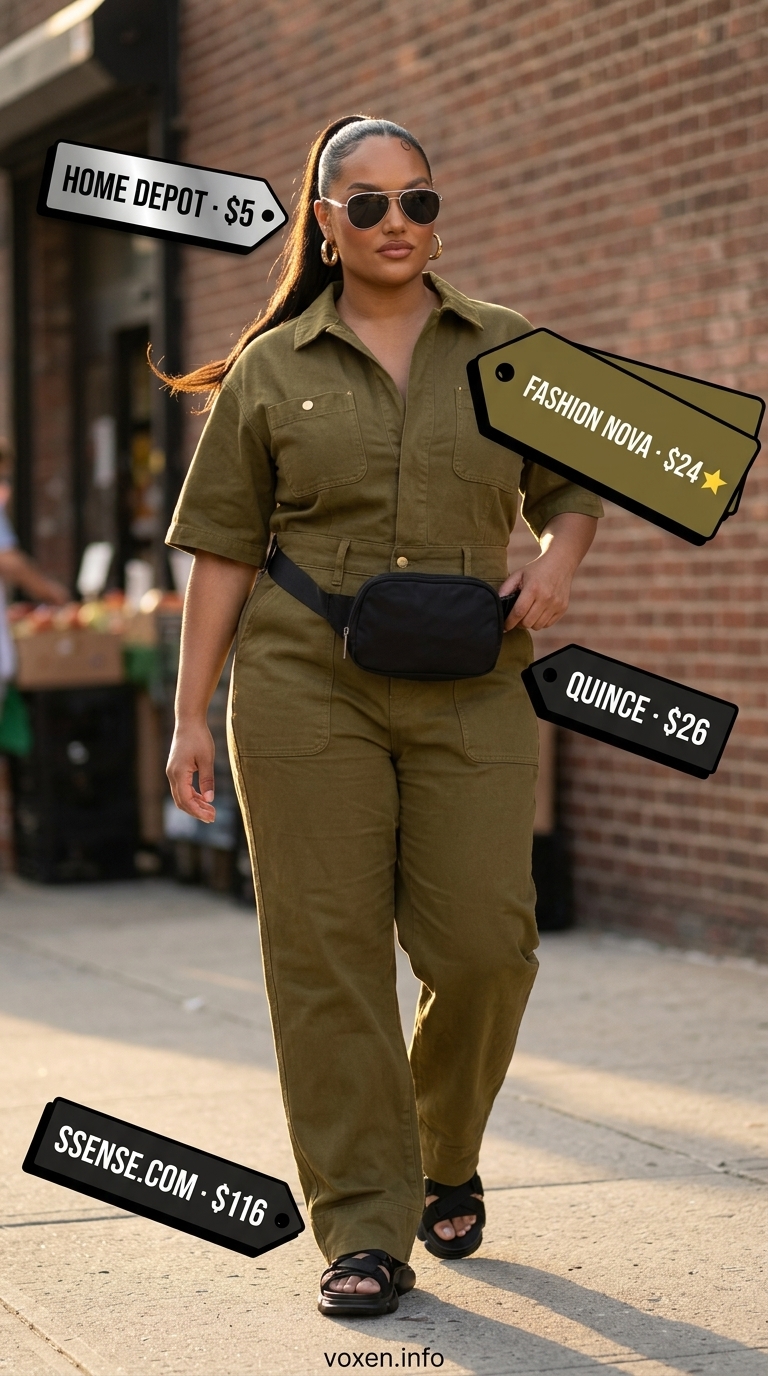 Comfy cotton summer outfits for women 2026: Khaki green utility jumpsuit, chunky sandals, silver sunglasses for city exploration.