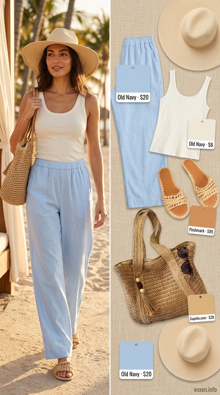 Comfy cotton summer outfits for women 2026: Sky blue wide-leg pants, white tank, straw hat, straw tote, and tan sandals for the beach.