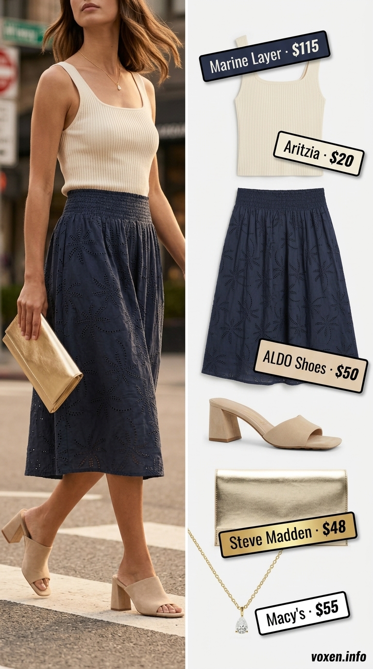 Comfy cotton summer outfits for women 2026: Navy eyelet midi skirt, cream knit top, gold bag, gold necklace, and nude heels for dinner.