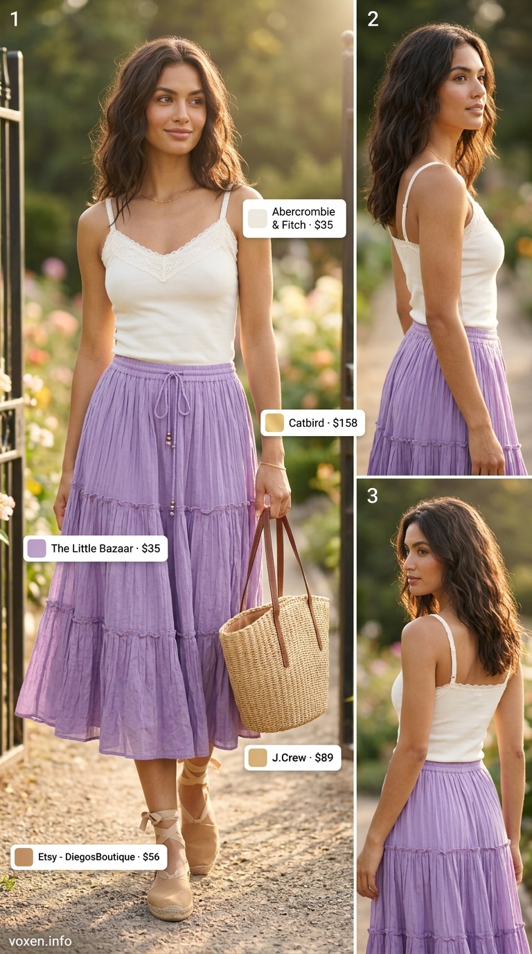 Comfy cotton summer outfits for women 2026: Lavender tiered skirt, white camisole, straw basket bag, espadrilles, and gold bracelet.