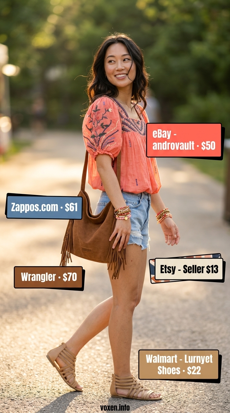Comfy cotton summer outfits for women 2026: Coral embroidered peasant blouse, denim shorts, fringed bag for festival vibes.