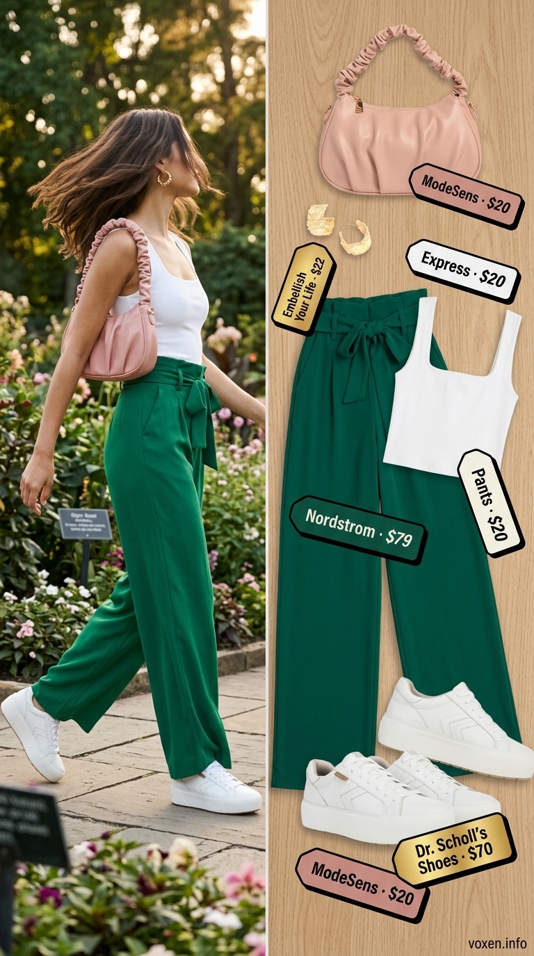Comfy cotton summer outfits for women 2026: Emerald green wide-leg pants, white tank, pink bag, and sneakers for a garden brunch.