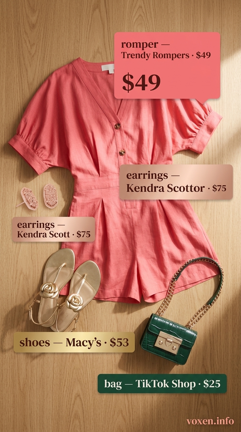 Comfy cotton summer outfits for women 2026: Blush pink cotton blend romper, cream sandals, rose gold bag for garden party.