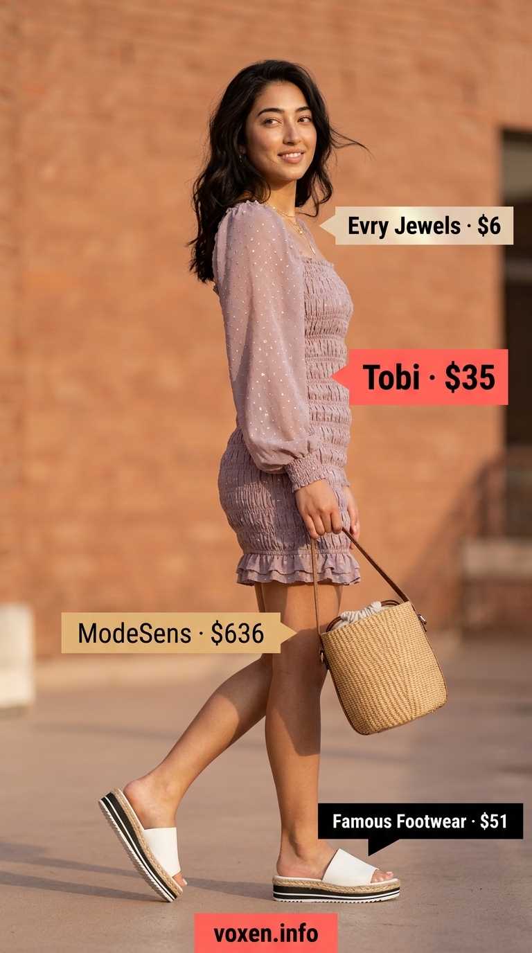 Comfy cotton summer outfits for women 2026: Lavender smocked mini sundress, white espadrilles, straw bag for a lakeside dinner.