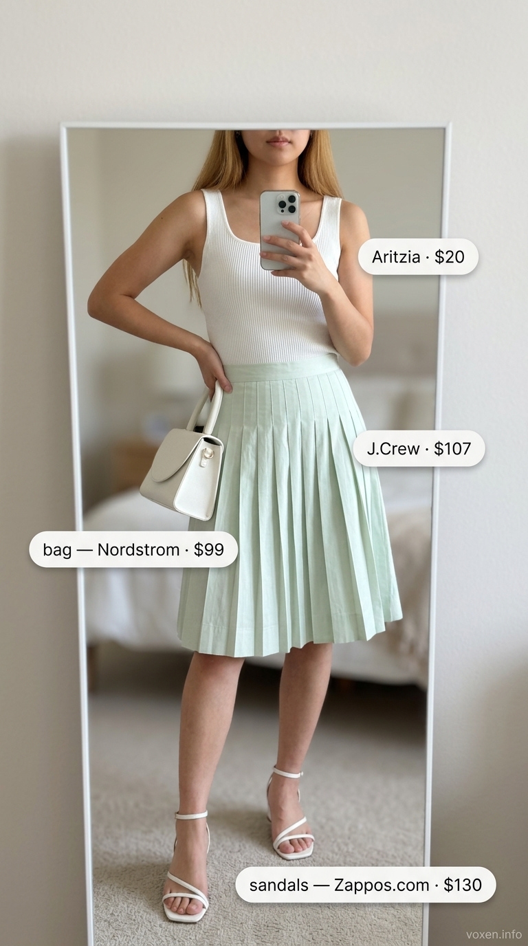 Comfy cotton summer outfits for women 2026: Lavender A-line midi skirt, white ribbed tank, silver earrings for afternoon tea.