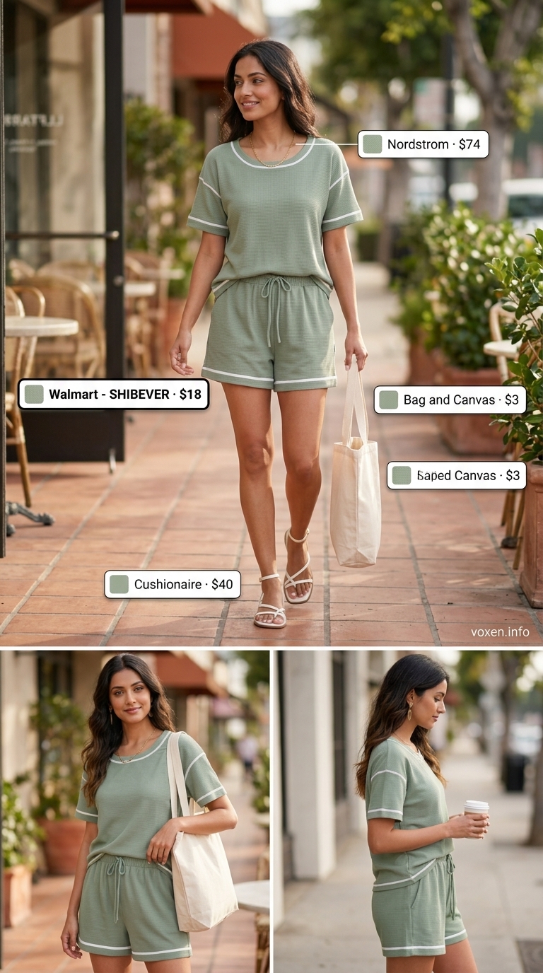 Comfy cotton summer outfits for women 2026: Sage green knit matching set, gold necklace, canvas tote, and slide sandals for lounging.