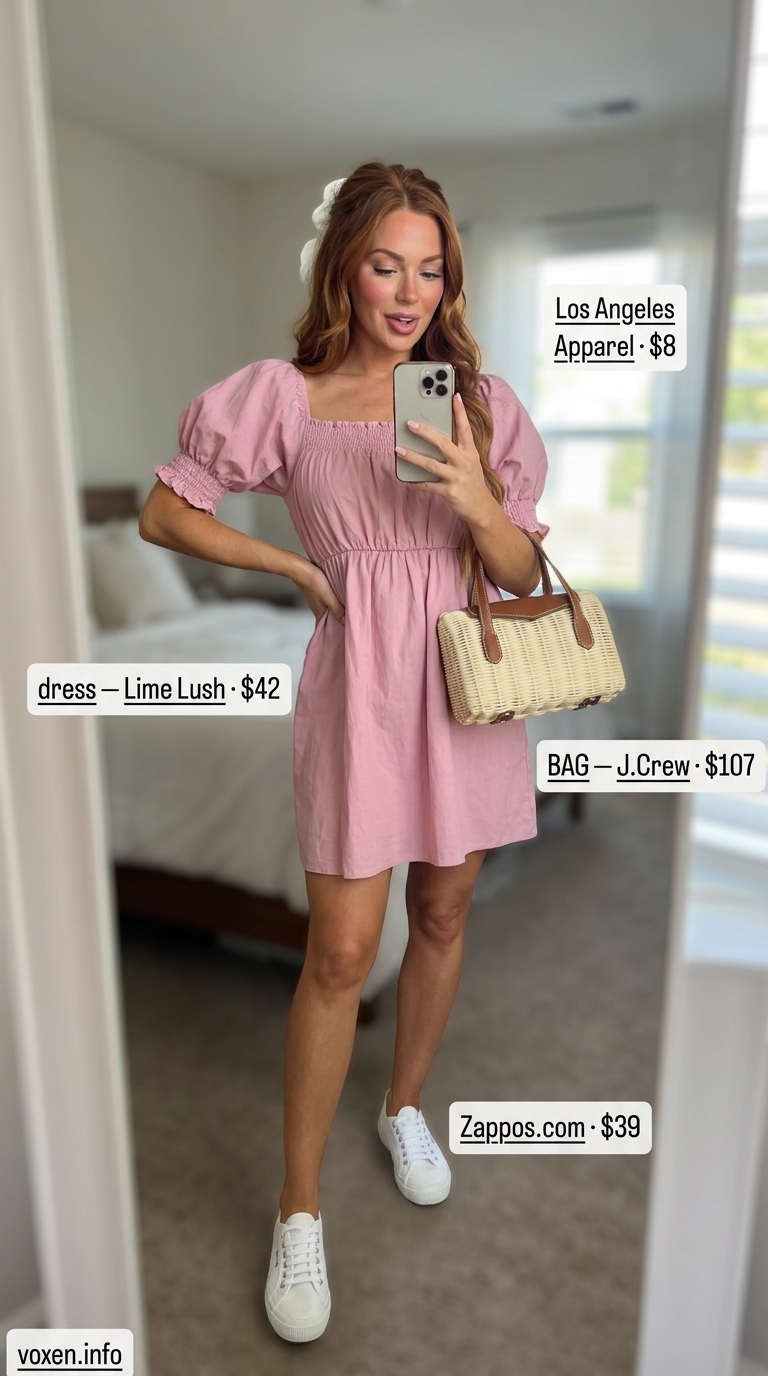 Comfy cotton summer outfits for women 2026: Soft pink cotton poplin mini dress, white sneakers, wicker bag for picnic date.