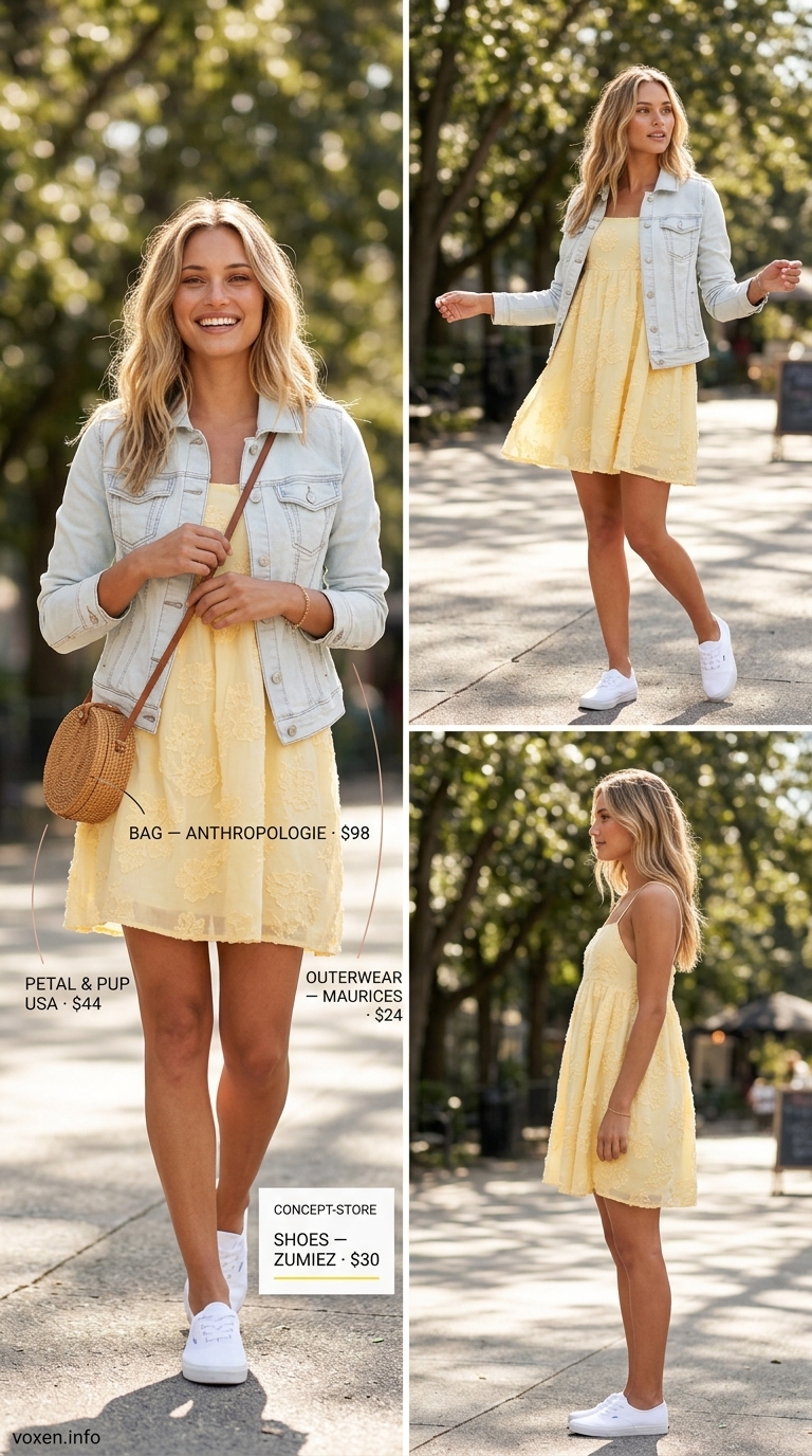 Comfy cotton summer outfits for women 2026: Yellow sundress, denim jacket, white sneakers, and crossbody bag for patio drinks.