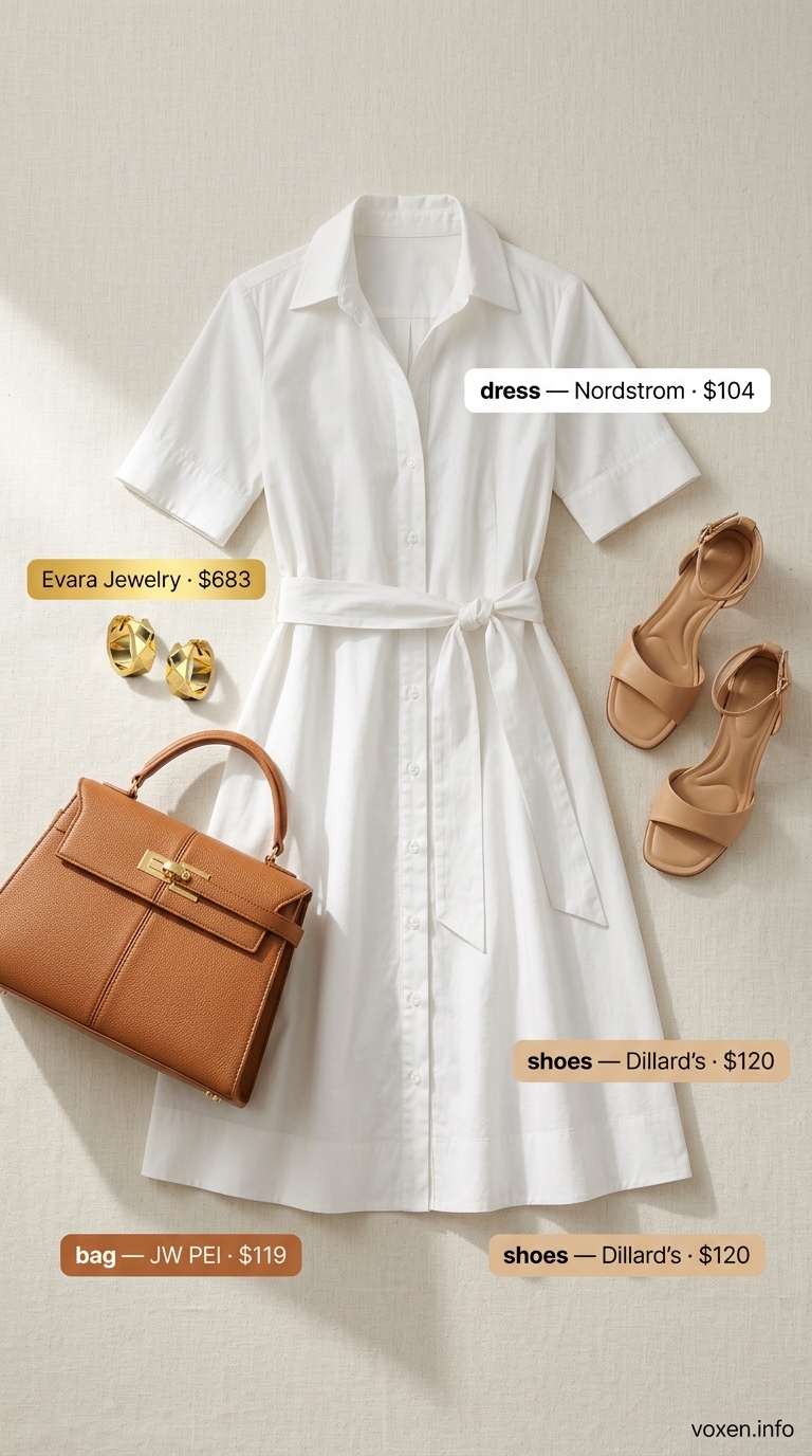 Comfy cotton summer outfits for women 2026: White shirt dress, tan block heels, gold hoops, and tan tote for a polished day.
