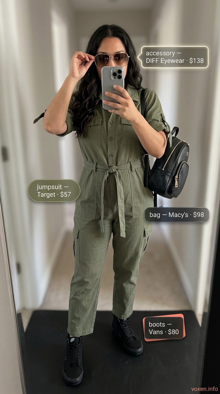 Comfy cotton summer outfits for women 2026: Olive green utility jumpsuit, black sneakers, mini backpack for city exploration.