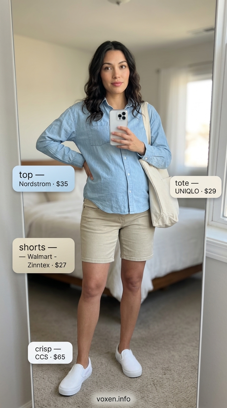 Comfy maternity summer outfits 2026: Light khaki Bermuda shorts with oversized light blue button-down shirt.