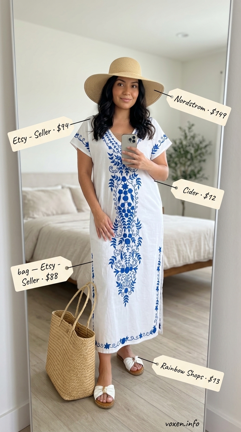 Comfy maternity summer outfits 2026: White flowy caftan cover-up with teal embroidery for beachwear.