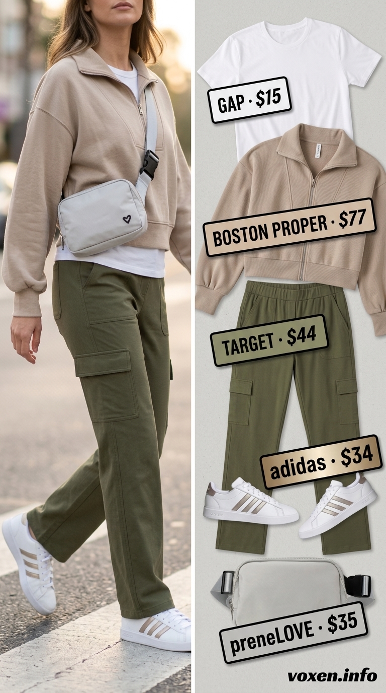Comfy maternity summer outfits 2026: Khaki cargo pants, white tee, white sneakers, grey belt bag, baseball cap.
