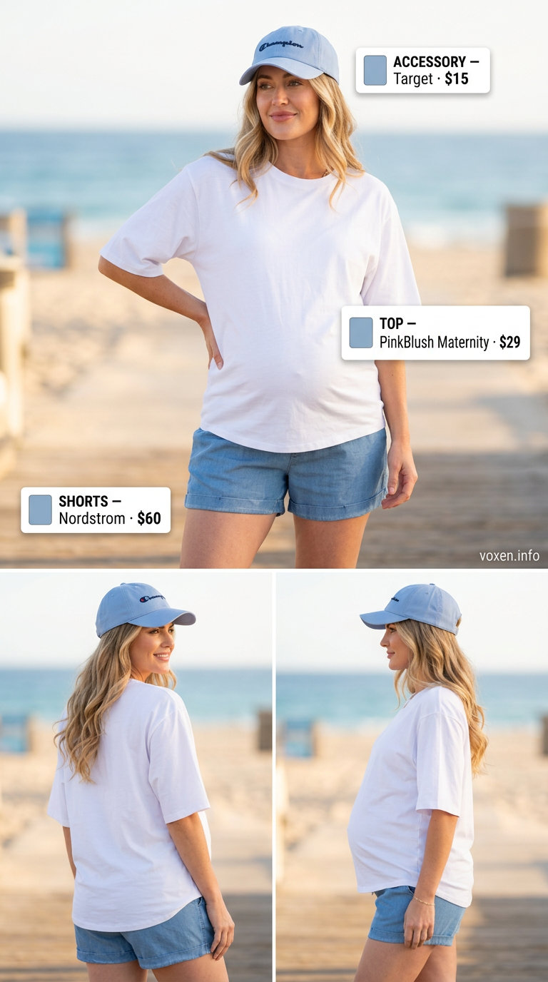 Comfy maternity summer outfits 2026: Light blue chambray shorts with oversized white tee for casual wear.