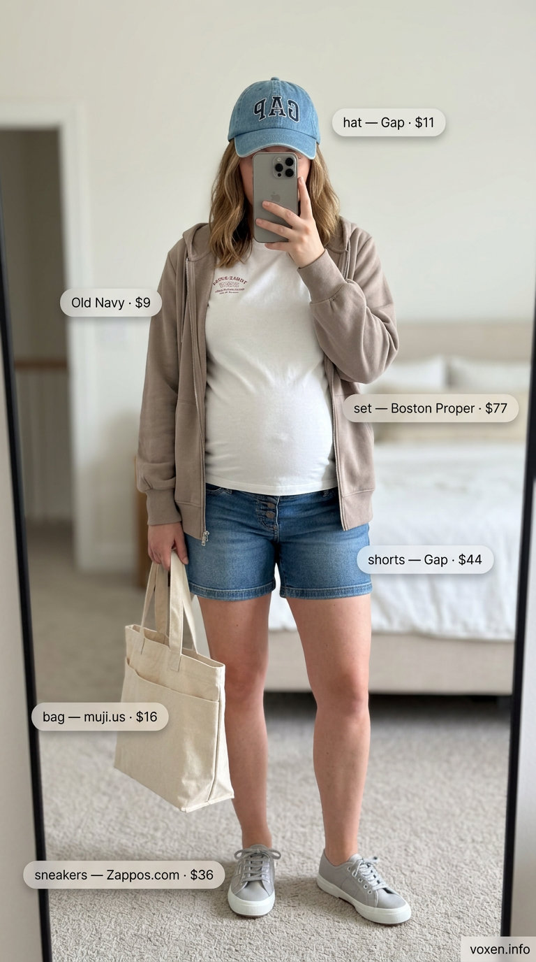 Comfy maternity summer outfits 2026: Denim shorts, graphic tee, baseball cap, canvas tote, sneakers.