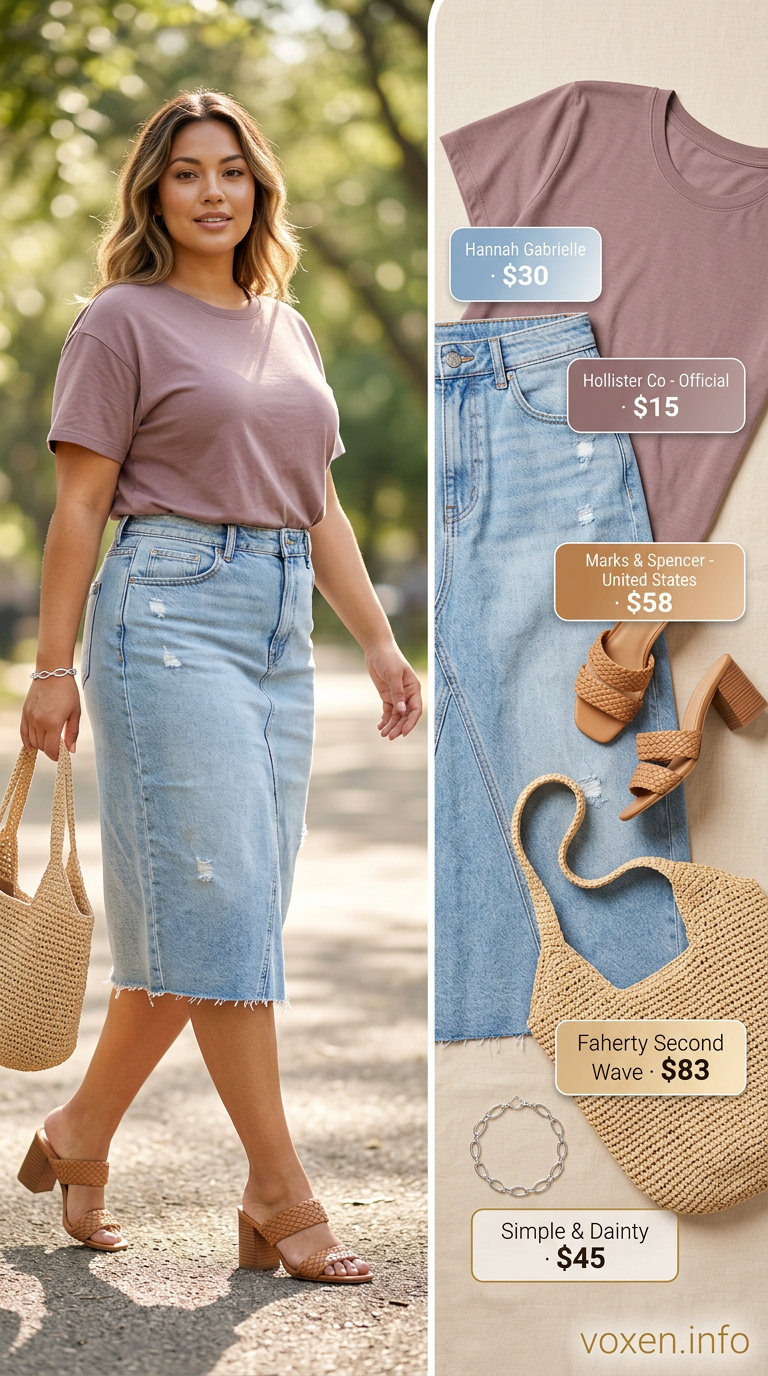 Comfy maternity summer outfits 2026: Denim midi skirt with white knit top and block heels for daytime.