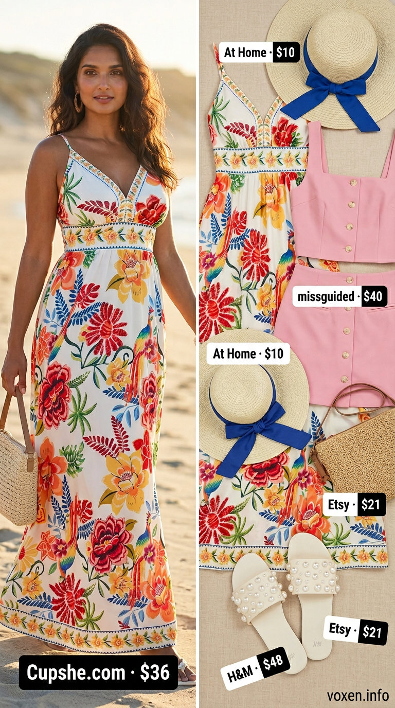 Comfy maternity summer outfits 2026: Coral floral maxi dress, straw hat, straw bag, embellished sandals.