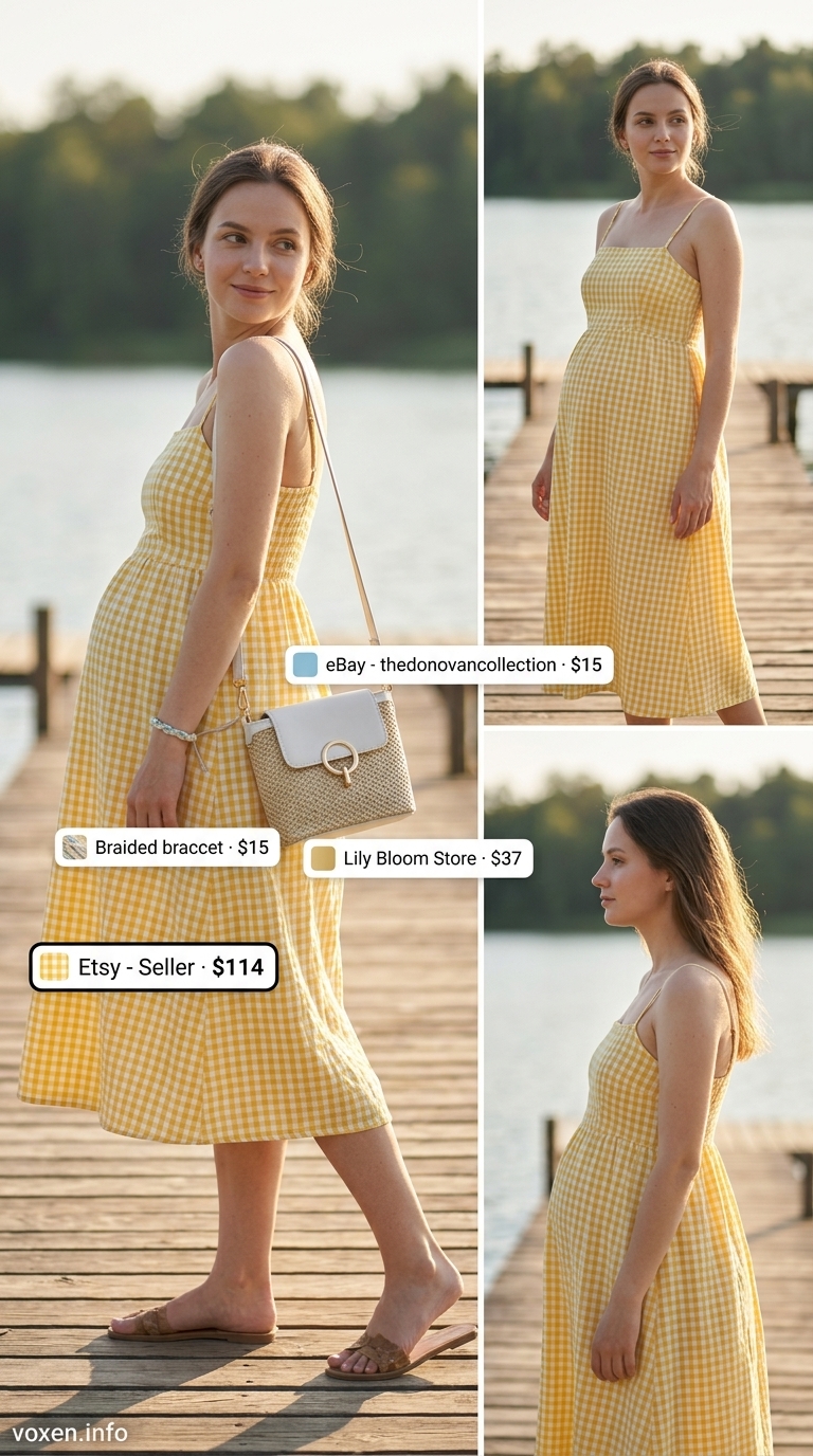Comfy maternity summer outfits 2026: Yellow gingham sundress, espadrilles, straw crossbody, braided bracelet.