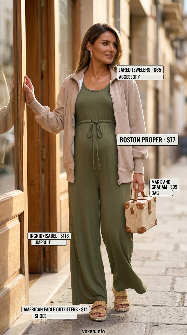 Comfy maternity summer outfits 2026: Olive green jumpsuit, beige espadrilles, raffia crossbody, gold hoops.
