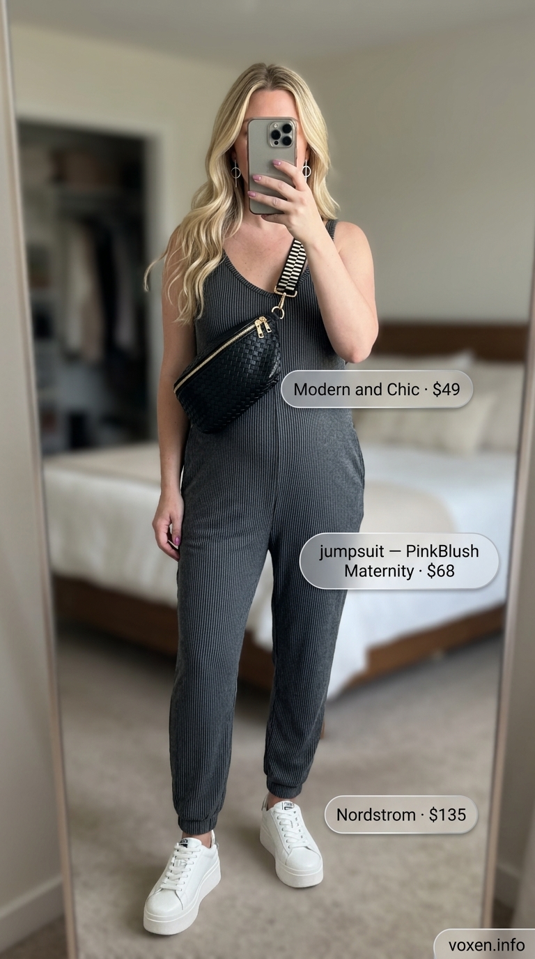 Comfy maternity summer outfits 2026: Charcoal knit jumpsuit, belt bag, platform sneakers, silver earrings.