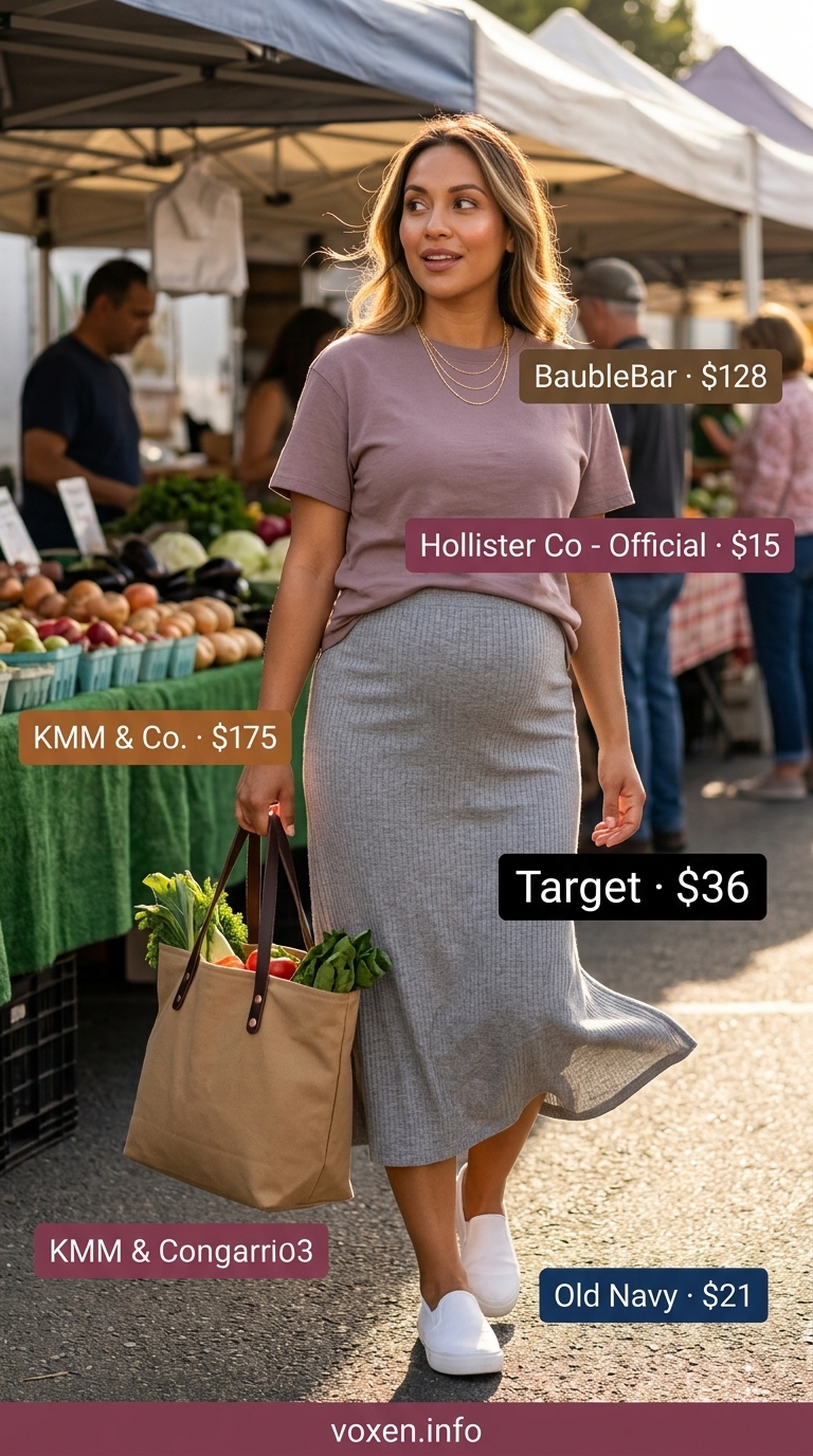 Comfy maternity summer outfits 2026: Grey knit midi skirt, white tank, white sneakers, tan tote, layered necklaces.