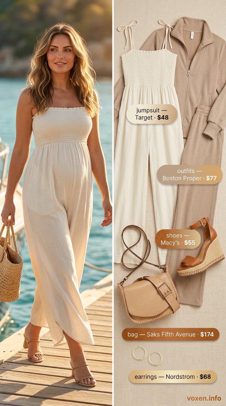 Comfy maternity summer outfits 2026: Cream linen jumpsuit, tan crossbody, espadrille wedges, gold hoops.