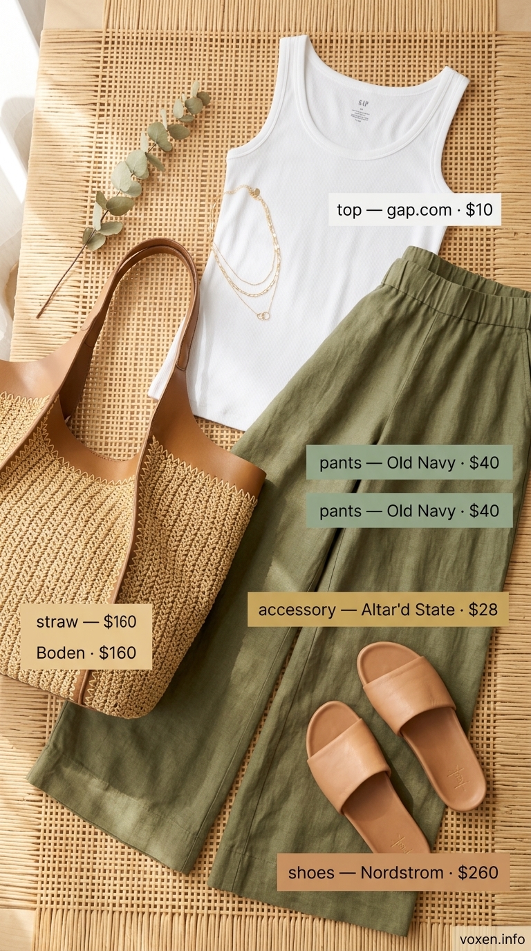 Comfy maternity summer outfits 2026: Sage green linen pants, white tank, straw tote, gold necklaces.