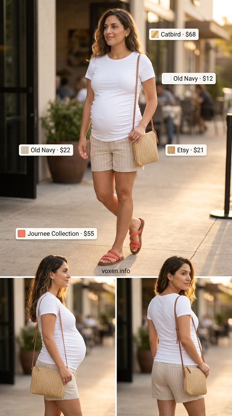 Comfy maternity summer outfits 2026: Beige linen blend shorts with white jersey tee and coral slides.