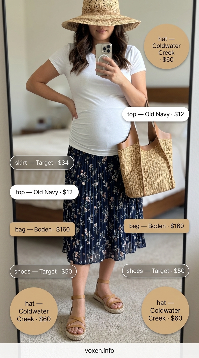 Comfy maternity summer outfits 2026: Navy midi skirt, white tee, tan espadrilles, straw hat & tote for casual outings.