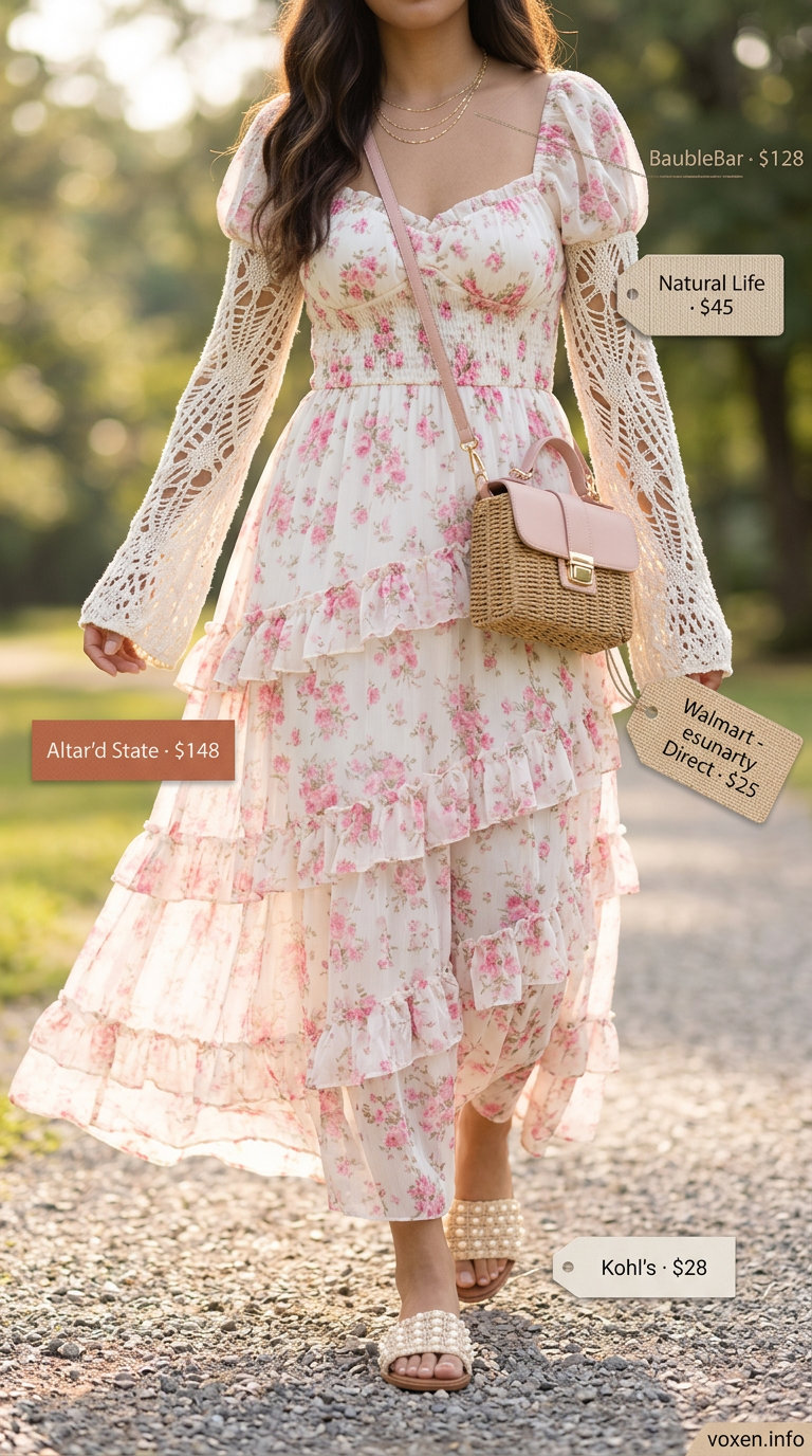 Comfy maternity summer outfits 2026: Pastel floral maxi dress, straw bag, embellished sandals, gold necklaces.