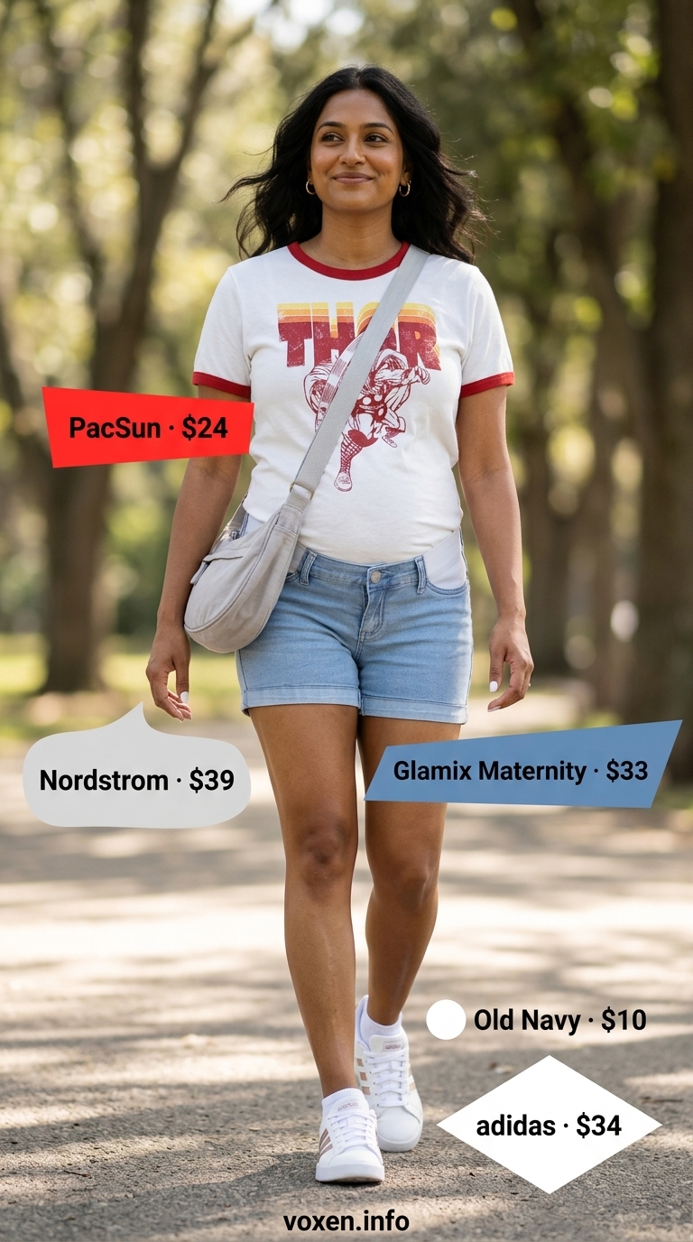 Comfy maternity summer outfits 2026: Light grey graphic tee with denim shorts and white sneakers for casual outings.
