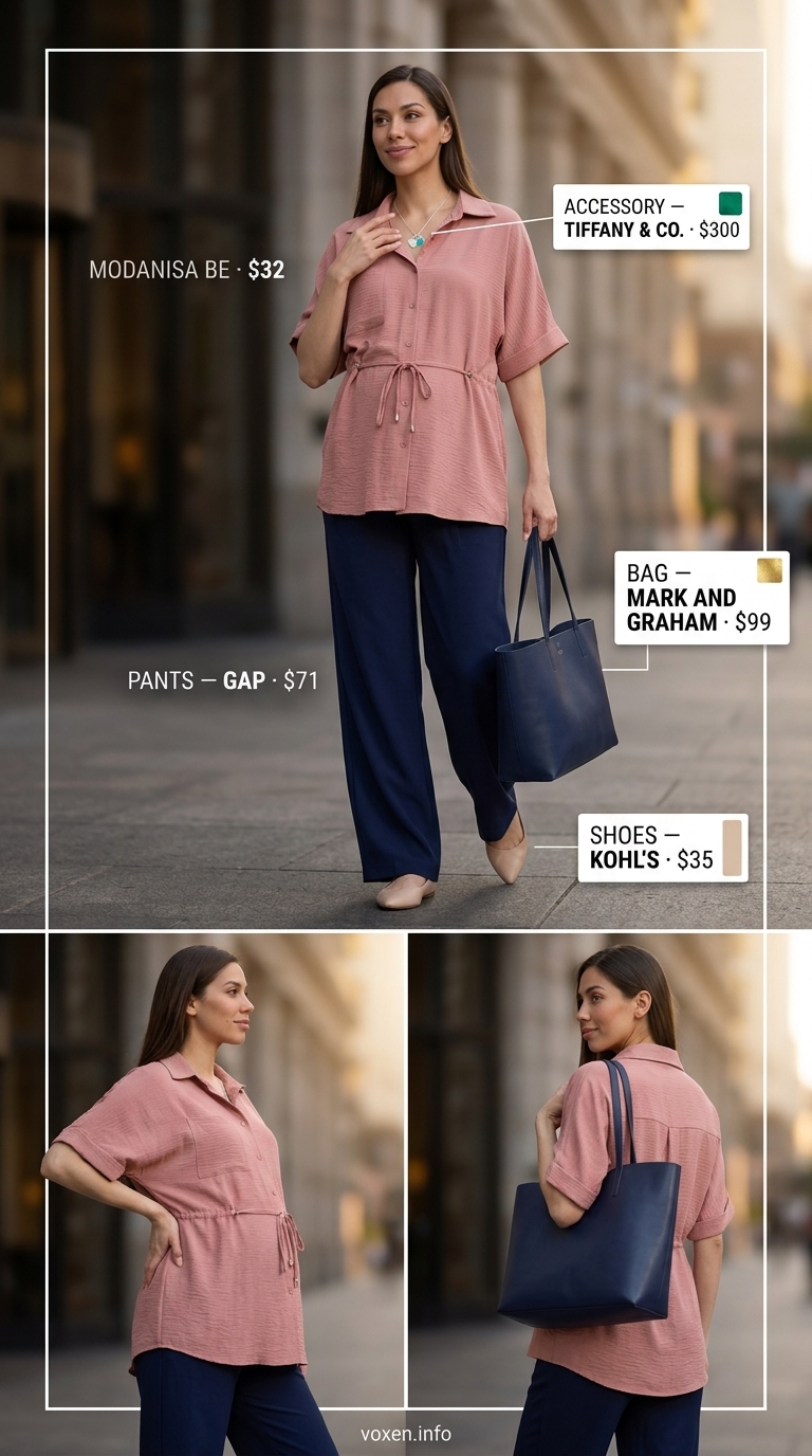 Comfy maternity summer outfits 2026: Navy wide-leg trousers with blush pink puff-sleeve blouse for work.