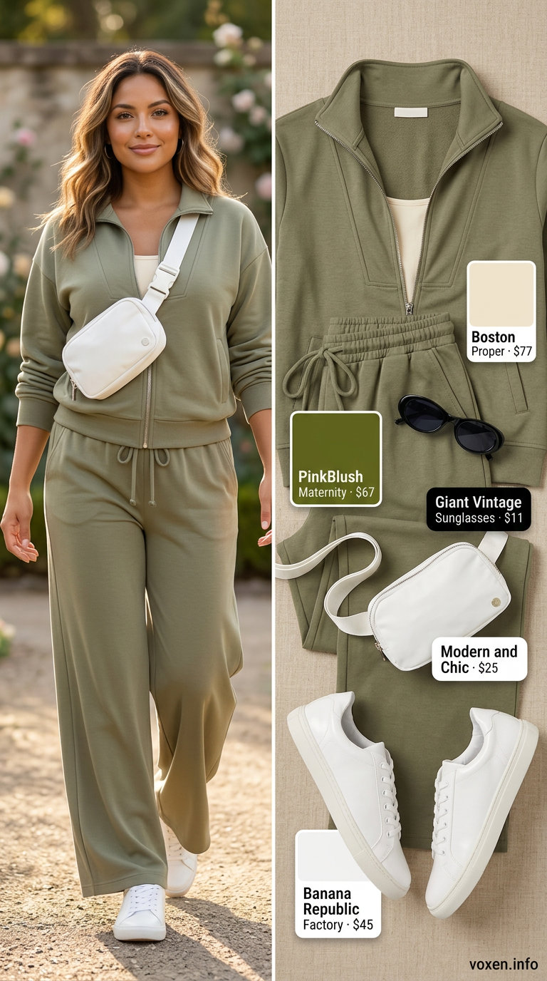 Comfy maternity summer outfits 2026: Olive green wide-leg pants set with white sneakers for errands.