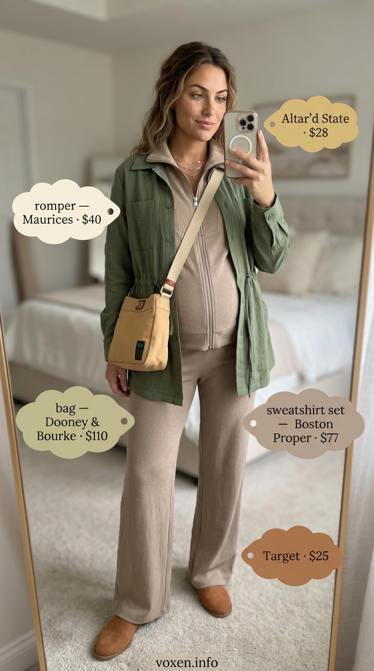 Comfy maternity summer outfits 2026: Olive green utility romper, canvas crossbody, flat mules, gold necklaces.