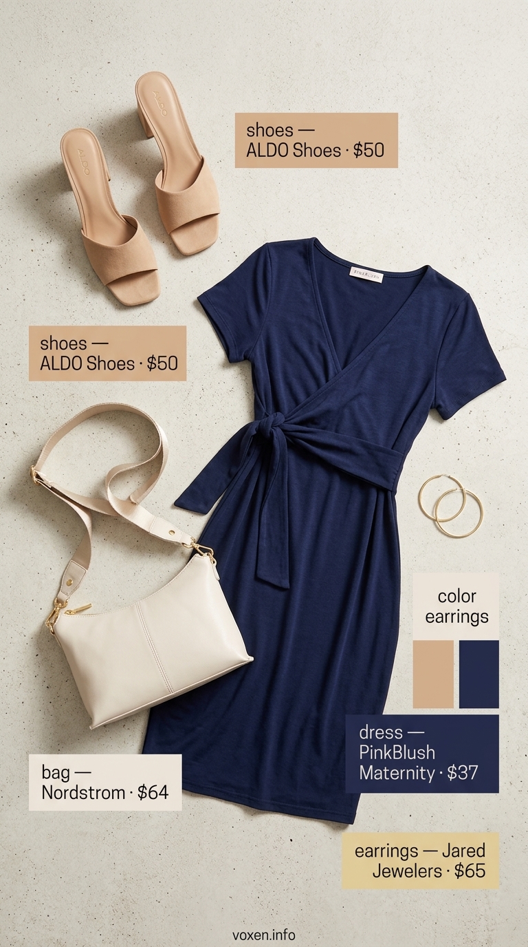 Comfy maternity summer outfits 2026: Navy jersey wrap dress, tan mules, white crossbody bag, gold hoops.