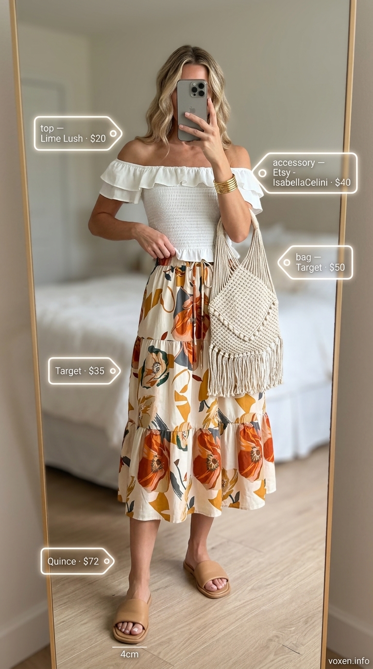 Concert outfits for women summer 2026: Floral midi skirt, off-the-shoulder top, macrame bag for a romantic outdoor concert.