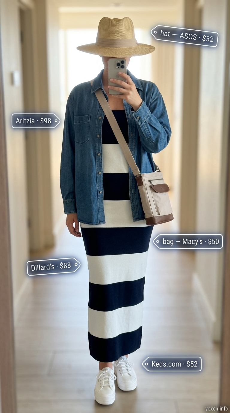 Concert outfits for women summer 2026: Striped maxi dress, denim shirt, platform sneakers, and straw hat.