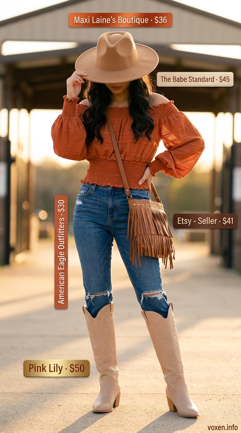 Concert outfits for women summer 2026: Distressed jeans, rust off-shoulder top, cowboy boots for a country rock concert.