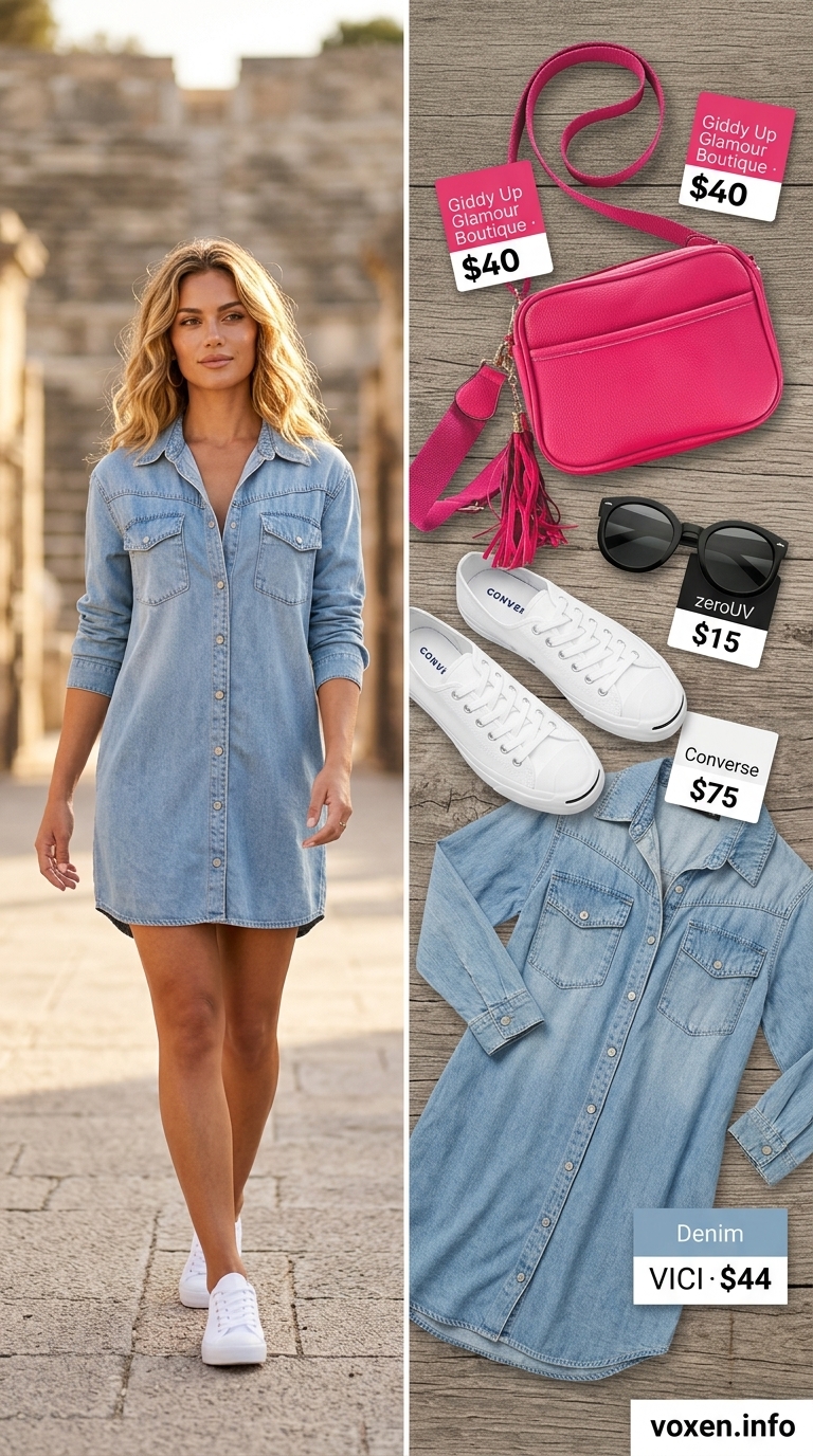 Concert outfits for women summer 2026: Light blue denim mini dress, white sneakers, and hot pink bag for a playful festival look.