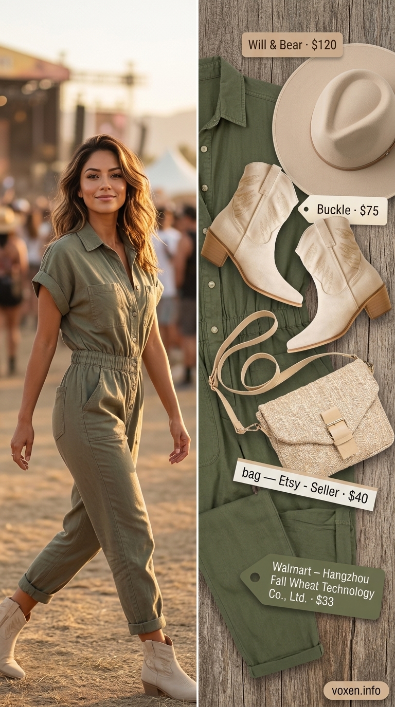 Concert outfits for women summer 2026: Khaki utility jumpsuit, felt hat, ankle boots, and straw bag.