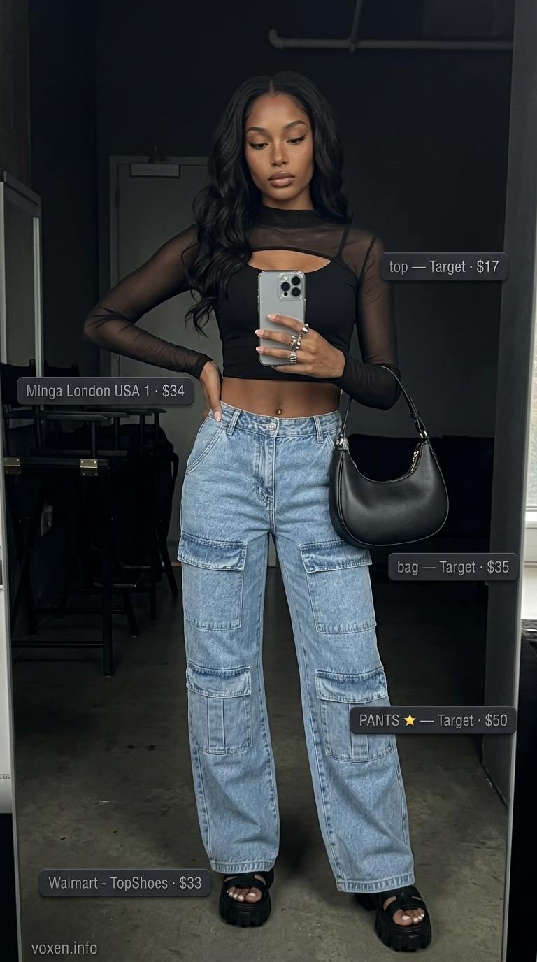 Concert outfits for women summer 2026: Dark wash denim cargo pants, sheer mesh top, and platform sandals for an edgy look.