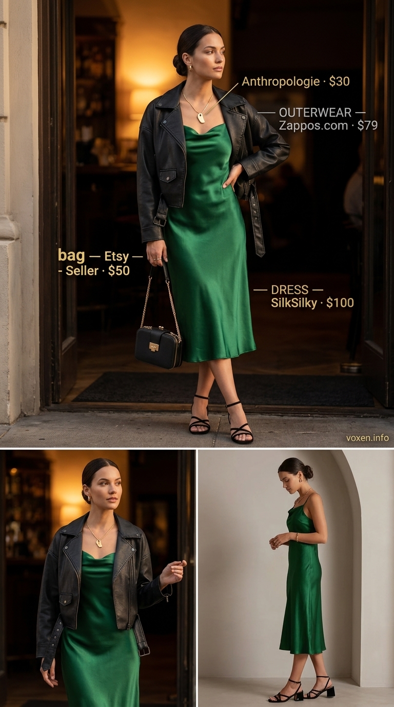Concert outfits for women summer 2026: Emerald green satin dress, faux leather jacket, block heels for a chic jazz concert.