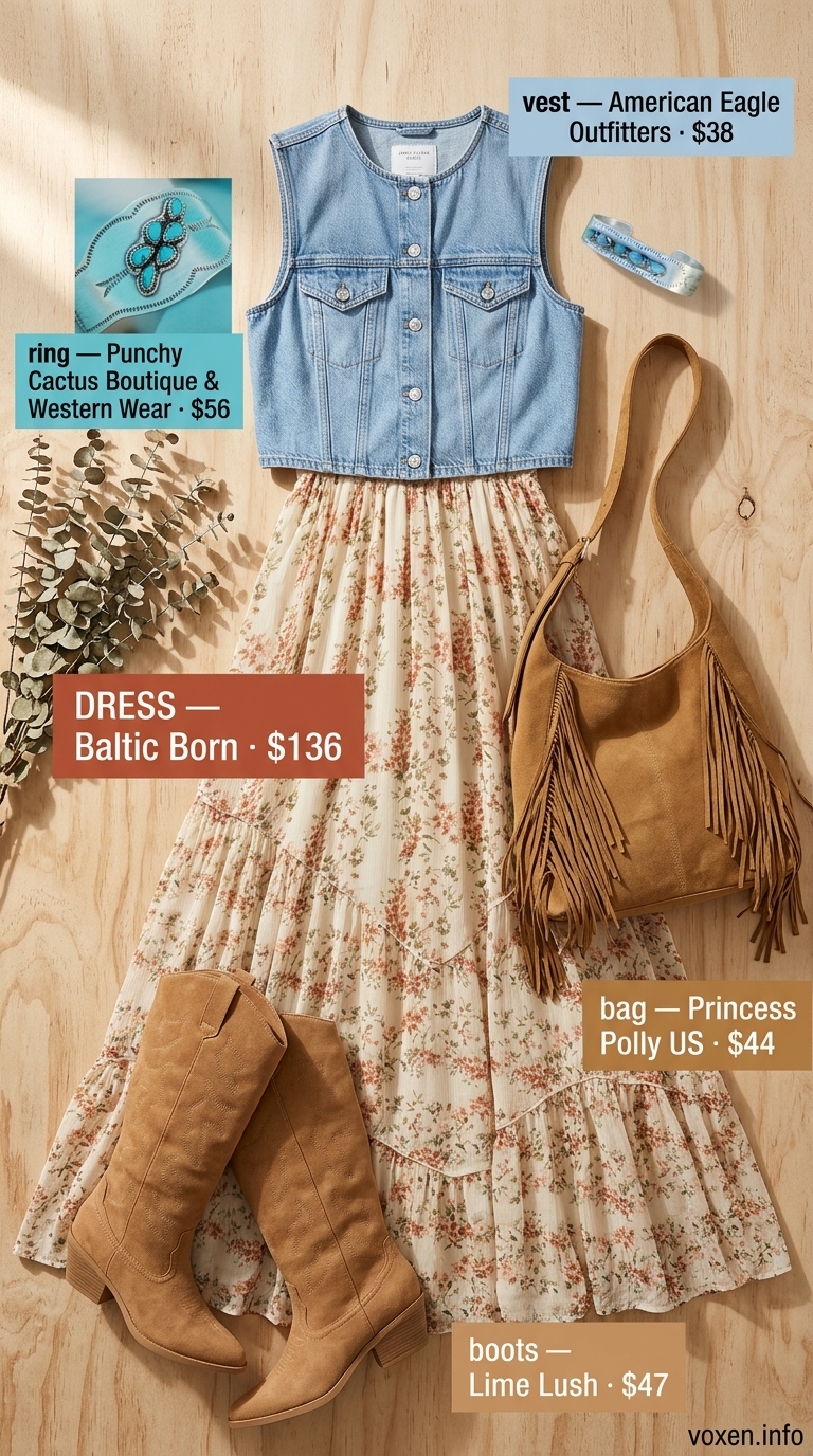 Concert outfits for women summer 2026: Floral maxi dress, denim vest, cowboy boots for a bohemian music festival.